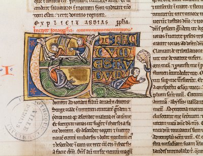 Ms 21 Fol.163v Historikert initial E som viser Jonas som blir kastet i havet, fra en uspesifisert bibel av French School