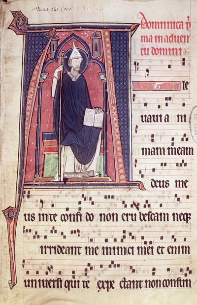 Ms 241 f.1 Historiert initial A som viser St. Gregory, fra Antiphonal for innvielsen av Abbey Church of Vauclair, 1257 av French School