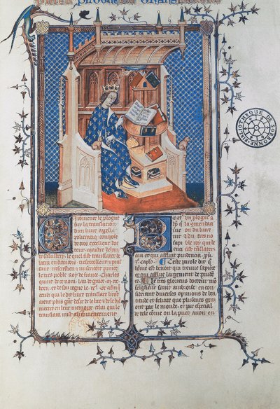 Ms 24287 fol. 2r Charles V, the Wise, King of France, fra John of Salisbury, Polycraticus, oversatt av Denis Foulechatis, ca. 1372 (vellum) av French School