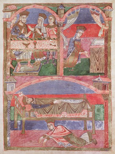Ms 250 f.24r St. Radegund (518-87) ved bordet til Clothar I (497-561), i hennes oratorium og ved føttene til den kongelige seng, fra St. Radegunds liv av French School