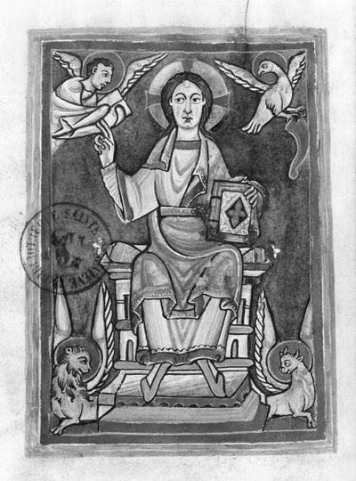 Ms 2657 fol. 1v Kristus i Majestet, fra en benediksjonal av French School