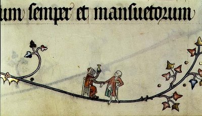 Ms 298 f.25 Apen leger en mann fra Metz Pontifical, skrevet for Raymond Bar, biskop av Metz av French School