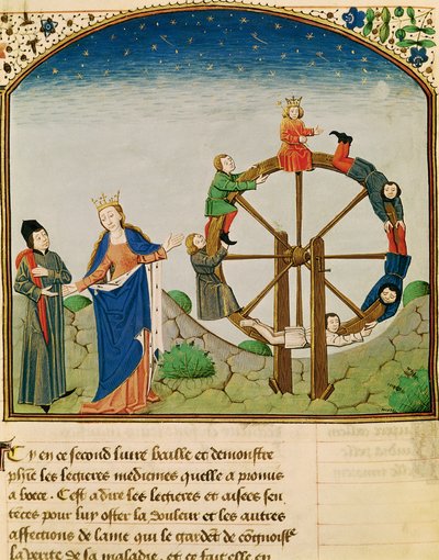 Ms 3045 fol.22v Boethius with the Wheel of Fortune, fra The Consolation of Philosophy, oversatt av Jean de Meung av French School