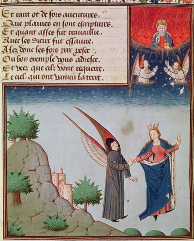 Ms 3045 fol.94r Lady Philosophy fører Boethius i flukt til himmelen på vingene som hun har gitt ham; Gud Faderen ser på i velsignelse av French School