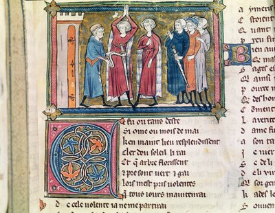 Ms 3142 fol.179 Bevæpning av en ridder, fra Recueil de Poesies Francaises, ca. 1280-90 av French School