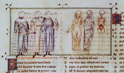 Ms 3142 fol.311r Historien om de tre levende mennene og de tre døde, fra Recueil de Poesies Francaises, ca. 1280-90 av French School