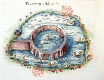 Ms 3242 The Baths of Bourbon-Lancy, illustrasjon fra Generale Description du Bourbonnais av Nicolas de Nicolay, 1569 (wc på papir) av French School