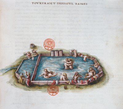 Ms 3243 The Baths of Bourbon lArchambaut, Auvergne, illustrasjon fra Generale Description du Bourbonnais av Nicolas de Nicolay, 1569 (wc på papir) av French School