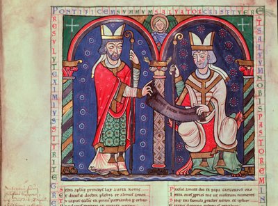 Ms 3401 fol.39v Rabanus Maurus (ca. 780-856) tilbyr sin bok til pave Gregor I (540-604) fra Anchin Abbey av French School