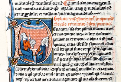 Ms 3458 fol 62vo Historikert initial D som viser Aristoteles som holder en armillarsfære og peker mot himmelen mens han underviser en gruppe geistlige fra Vest-Europa (penn og blekk og tempera på vell av French School
