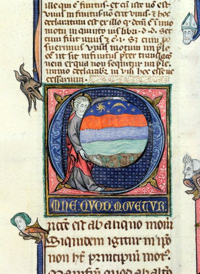 Ms 3469 Kristus holder en globus med de fire elementene, fra fysikken av Aristoteles (384-322 f.Kr.) (penn, blekk og tempera på vellum) av French School