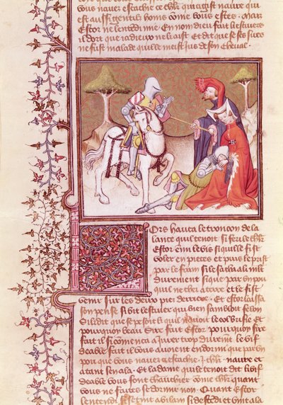 Ms 3479 fol.516 Og så trakk han lansen fra den døende ridderen, fra Livre de Messire Lancelot du Lac av French School