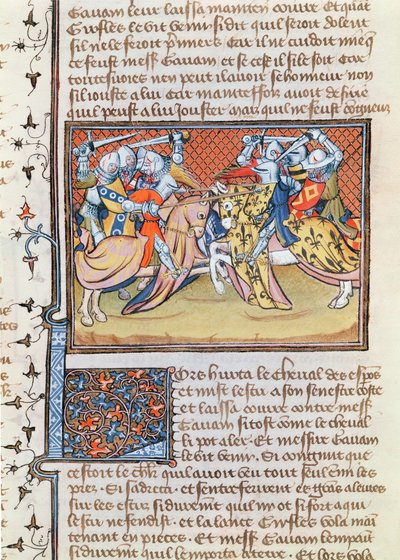 Ms 3479 t.1 fol.539 Når hestene kolliderer, fra Livre de Messire Lancelot du Lac av French School