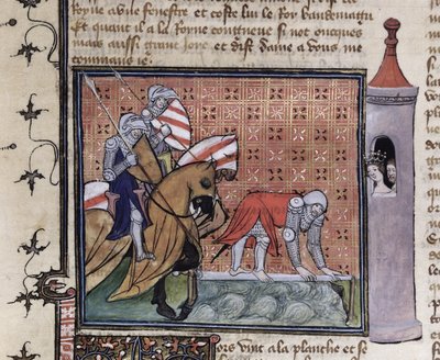 Ms 3480 fol.77 Lancelot Crossing the Sword Bridge, fra boken til Sir Lancelot du Lac av French School