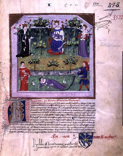Ms 3522 fol.1 Forfatteren som later som han sover er vitne til en krangel mellom en ridder og en biskop, fra 