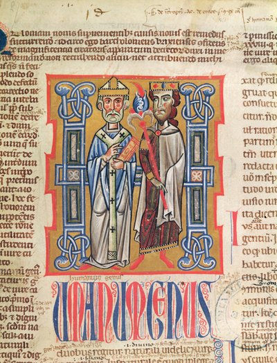Ms 354 fol.9 Miniatyr av en biskop og konge fra Decretum Gratiani, 1300-tallet av French School