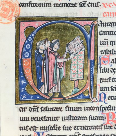 Ms 36 Historikert initial C som viser en munk som leser et missal, fra en latinsk bibel av French School