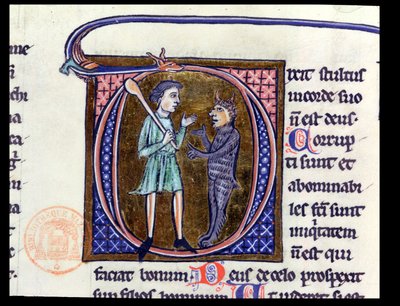 Ms 36 Historikert initial D som viser en mann med djevelen, fra en latinsk bibel av French School