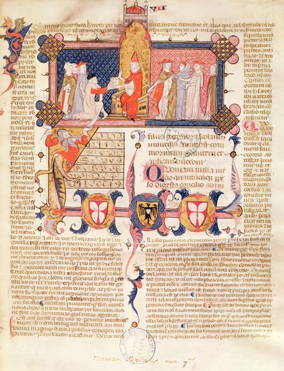 Ms 371 f.1 Jean Andre presenterer sitt arbeid for pave Clemens V (ca. 1260-1314) av French School