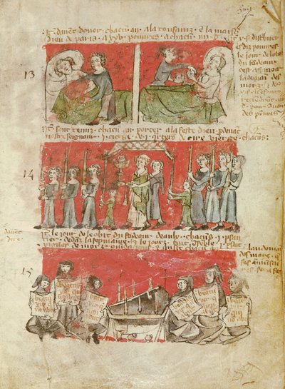 Ms 406 fol.6 Scener fra livene til studenter ved College of Hubant eller Ave Maria, fra vedtektene til College of Hubant, Paris, 1387 av French School