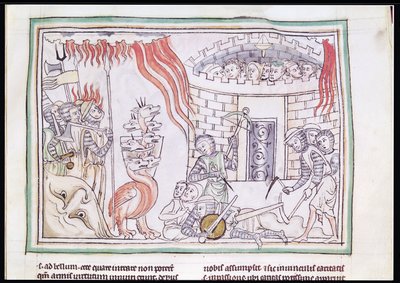 Ms 422 Fol.95r The Celestial Fire Destroying the Army of Satan, scene fra Apocalypse av French School