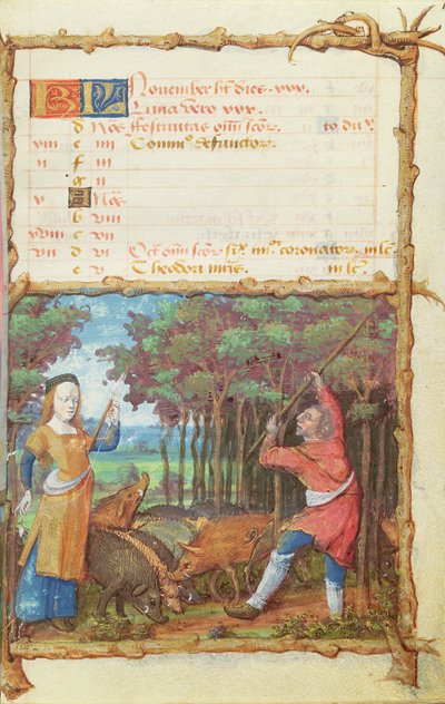 Ms 438 The Month of November: Gathering Acorns, from a Book of Hours, 1490 av French School