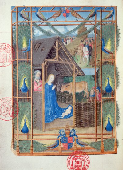 Ms 473 The Nativity with Peacocks, miniatyr fra Heures de Charles de France, ca. 1466-69 av French School