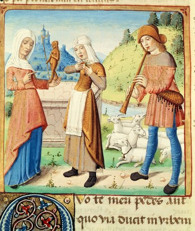 Ms 493 fol.15v Hyrden Menalcas og hans ulykkelige kjærlighet, fra The Eclogues av Virgil med en kommentar av Servius, 1469 av French School