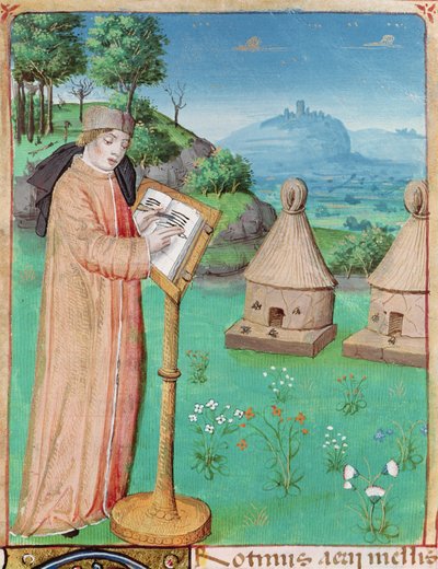 Ms 493 fol.45 Virgil (70-19BC) skriver Bienes liv, fra The Georgics av Virgil med en kommentar av Servius, 1469 av French School