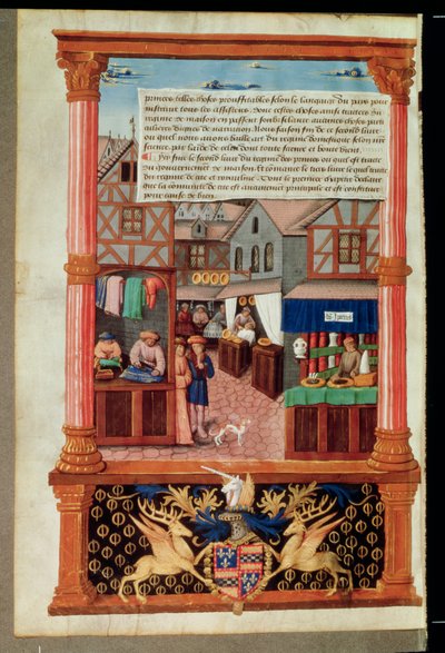 Ms 5062 fol.149v En gate med butikker og våpenskjoldet til Robert Stuart, Marshall of dAubigny Lucrece, fra Livre de Gouvernement des Princes av Gilles de Rome av French School