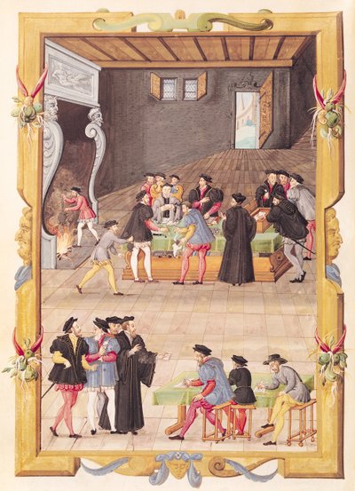 Ms 5169 f.2v Notarene og kongens sekretærer i salen til College of Notaries and King