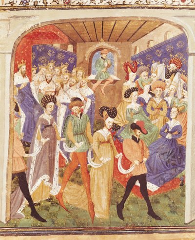 Ms 527 fol.1r Court Ball, fra Roman du Saint Graal av French School