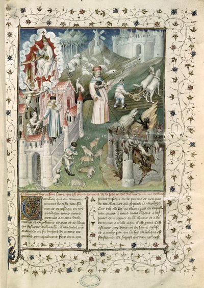 Ms 55 t.2 fol.3 Guds by, byen Caen og lastenes by, fra La Cite de Dieu av St. Augustin av Hippo (354-430) oversatt av Raoul de Preles (1316-82) av French School