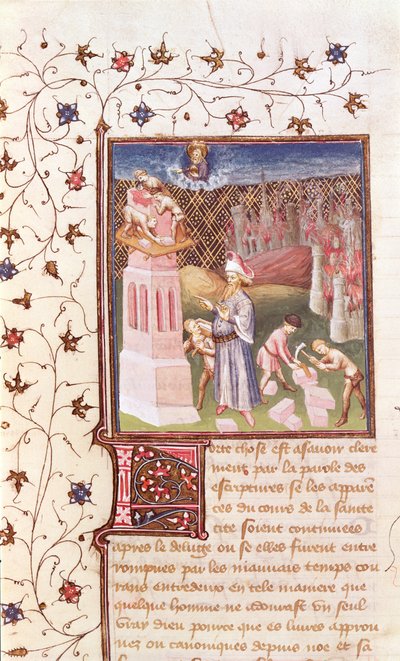 Ms 55 t f.111v Nimrod overvåker byggingen av Babelstårnet, fra La Cite de Dieu av St. Augustine, oversatt av Raoul de Presles (1316-82) ca. 1400-50 av French School