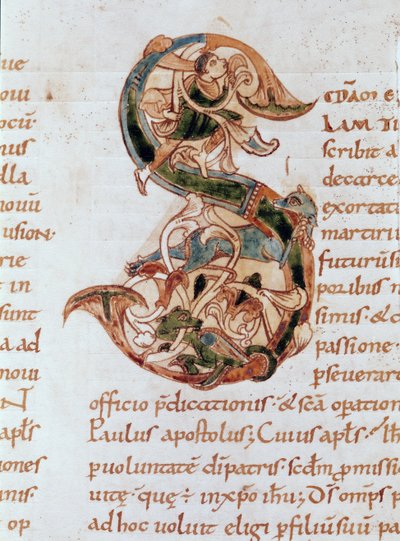 Ms 67 fol.195 Historikert initial 'S', fra Commentary on the Epistles of St. Paul av French School