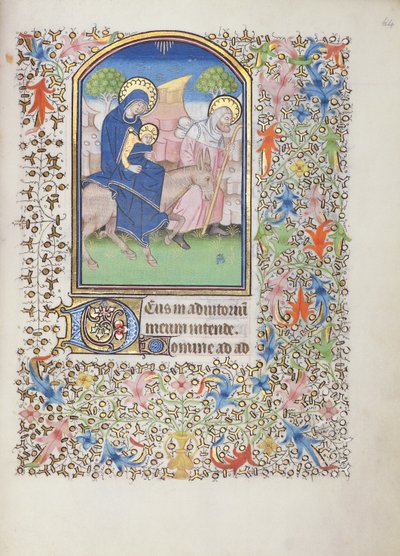 Ms 69 f.64r The Flight of the Holy Family, fra Besancons timebok av French School