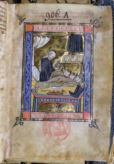 Ms 753 Fol.9 Munk skriver i sengen sin, fra Flores Bernardi av Guillaume de Tournai av French School