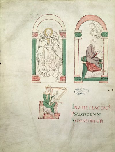 Ms 76 St. Michael, St. Augustine Writing og St. David Playing the Harp, frontispice fra Saint Augustin Super Psalmos av French School