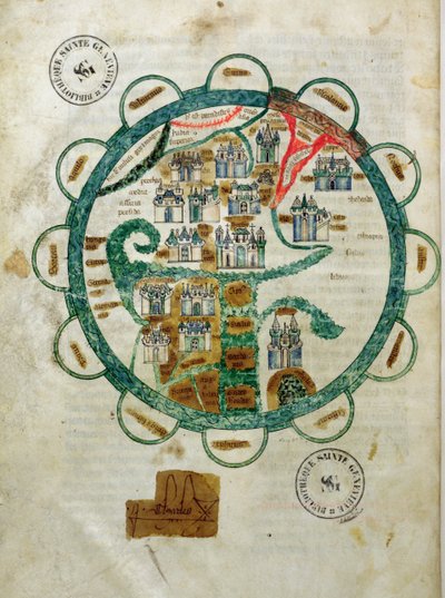 Ms 782 fol.16v. Kart over verden i form av en globus, miniatyr fra Grandes Chroniques de Philippe le Hardi av French School