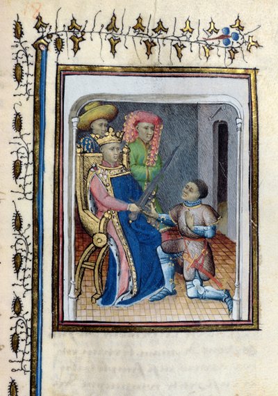 Ms 814 Charles V (1338-80) returnerer Høykonstabelens sverd til Bertrand du Guesclin (ca. 1320-80) fra Histoire de Du Guesclin etter diktet av Cuvelier, tidlig på 1400-tallet av French School