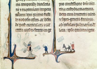 Ms 838 fol.55 En mann som kjører eselet sitt med hveteposer til en vindmølle, fra Obituaire de Notre Dame de Pres, etter 1270 av French School