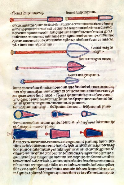 Ms 89 Ter fol.122v Kirurgiske instrumenter fra en avhandling av Abul Qasim Kalaf ibn al-Abbas al Zahrawi (Albucasis) av French School