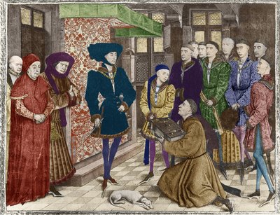 Ms 9242 Hainaut Chronicles, Philip the Good, Duke of Burgundy, presentert med oversettelsen av Chronicles av Jean Vauquelin, Charles the Bold som barn til venstre for ham (senere fargelegging) av French School