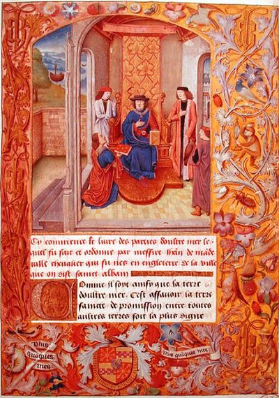 Ms 95 Fol.1 Forfatteren tilbyr sin bok til hertugen av Burgund, fra Armorials of Adolphe de Cleves, tidlig på 1400-tallet (vellum) av French School