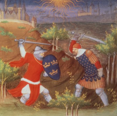 Ms Arsenal 5077 f.298 Kong Arthur kjemper mot en romersk general, fra et manuskript av Historier, av Boucicaut-mesteren av French School