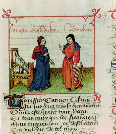 Fr 12476 fol.98 Guillaume Dufay (d.1474) og Gilles Binchois (d.1460) fra Le Champion des Dames av Martin le Franc (1410-61) 1440 av French School