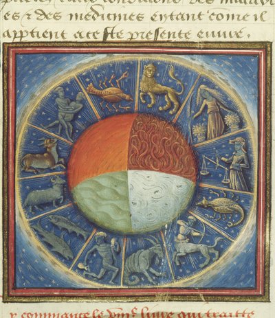 Fr 135 Fol.285 Jordens fire elementer med de tolv stjernetegnene, fra Des Proprietez des Choses av Barthelemy lAnglais, 1445-50 av French School