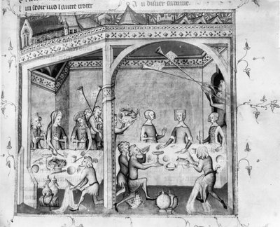 Fr 1584 Musikere underholdt ved en bankett, ca. 1370 (manuskript) av French School