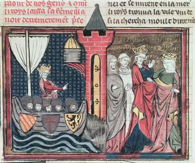 Fr 22495 Fol.101 Baldwin I krysser elven Jordan og gir avkall på sin kone, fra Le Roman de Godefroi de Bouillon, 1337 av French School