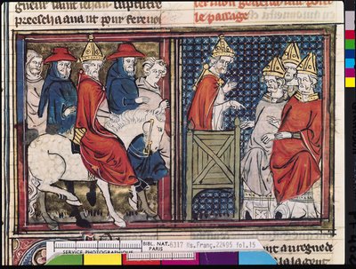 Fr 22495 Fol.15 Konsilet i Clermont og ankomsten til pave Urban II (ca. 1035-99) i Frankrike, fra Le Roman de Godefroi de Bouillon, 1337 av French School